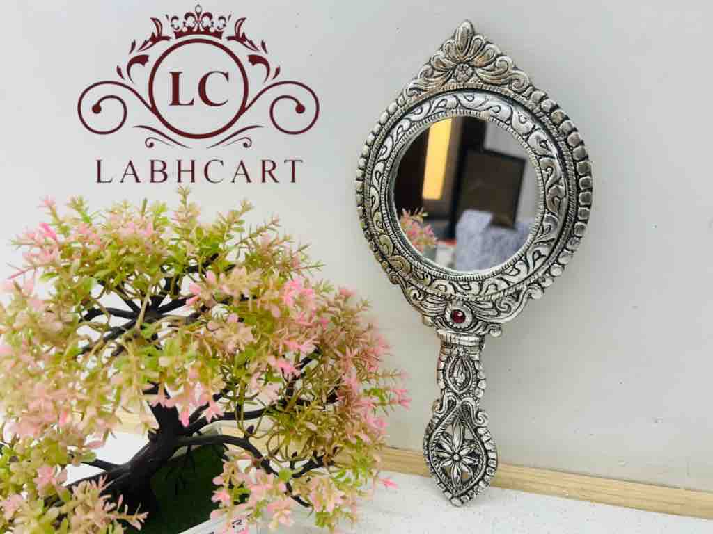 LABHCART Vintage Hand Mirror with Ornate Silver Frame, Ruby